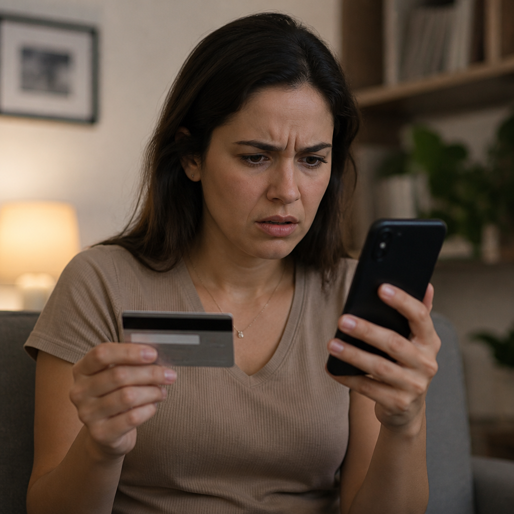 Pessoa preocupada segurando celular e cartão de crédito vermelho
